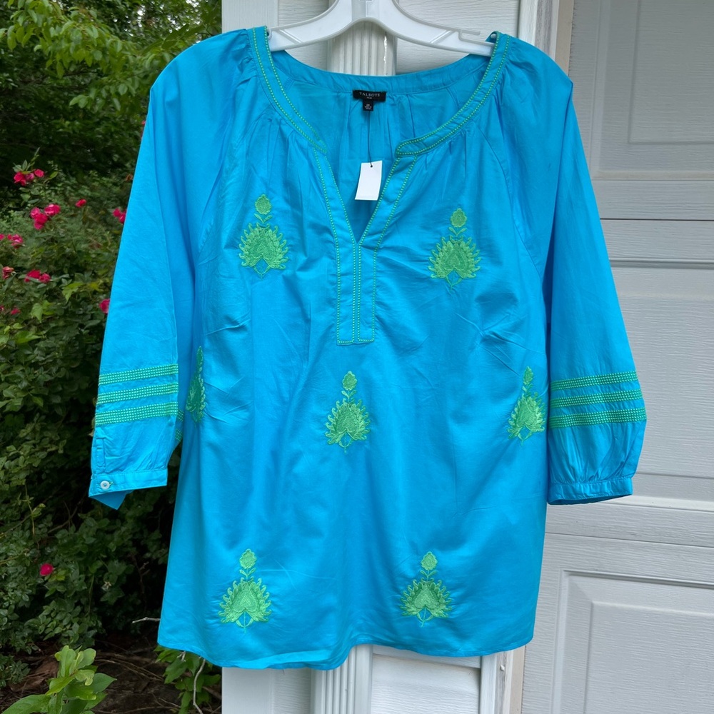 NWT Talbots Gorgeous Turquoise Lime Floral Embroidery 3/4 Sleeves